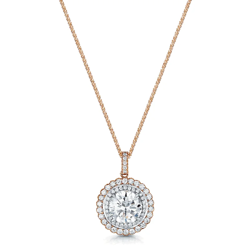 layered silver necklaces for women-18ct Rose and White Gold GIA Brilliant Cut Diamond Double Halo Cluster Pendant