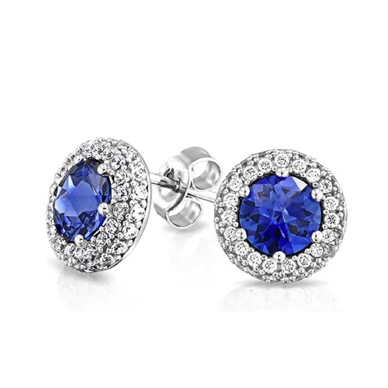 white gold earrings for women-Round Halo Royal Blue 8MM Simulated Sapphire CZ Stud Earrings Sterling Silver