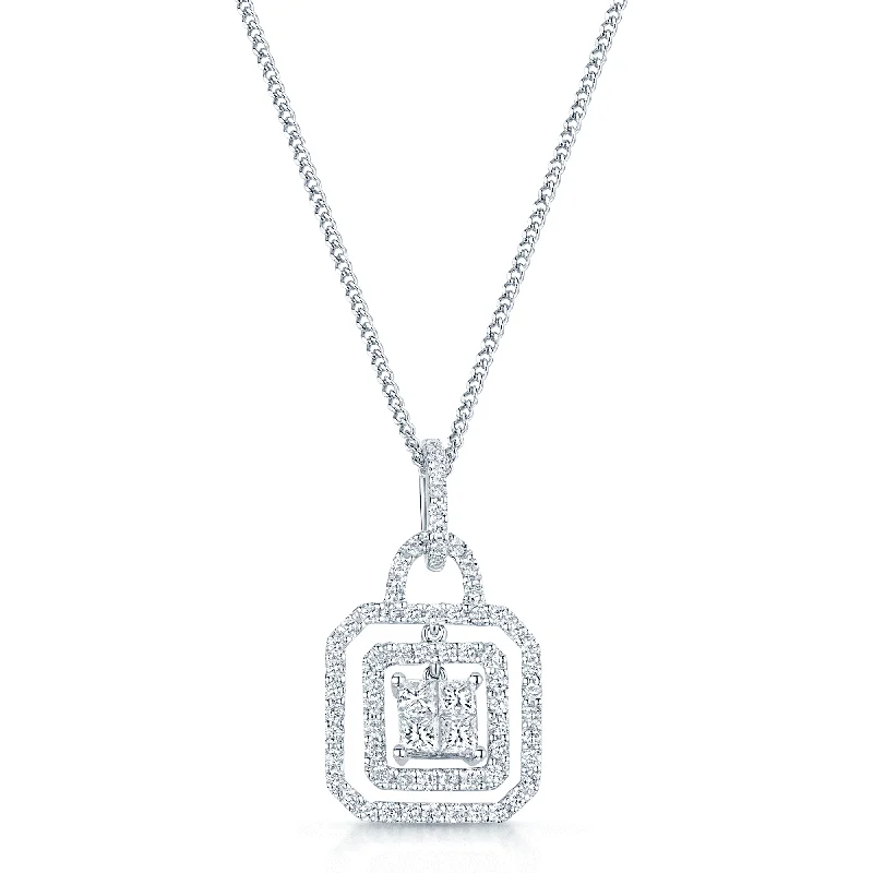 custom necklaces for women-18ct White Gold Diamond Double Halo with Princess Cut Diamond Centre Pendant