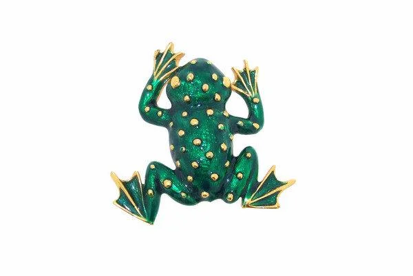 brooches for evening dresses for women-Green and Gold Frog Brooch Pin by Sardi Green Enamel