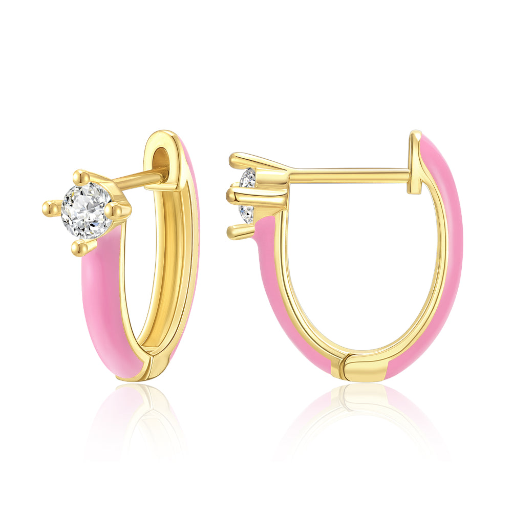 fun earrings for women-Gold Huggie Enamel Earrings Colorful Small Hoop Cuff Earrings-Pink