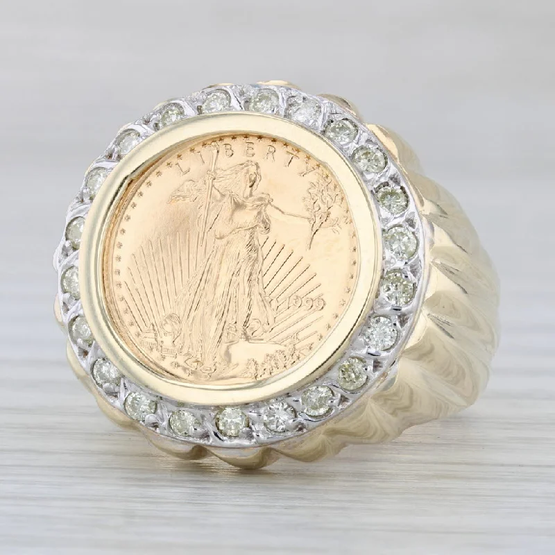 round engagement rings for women-0.65ctw Diamond Halo American Eagle Coin Ring 10k Gold 22k $5 Size 10 1/10oz