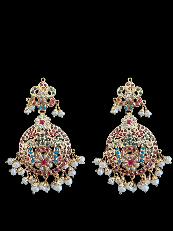 large hoop earrings for women-Navratan chandbali earrings in gold plated silver ( READY TO SHIP )