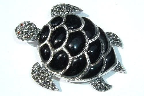 geometric brooches for women-Black Turtle Onyx Brooch Silver Marcasite