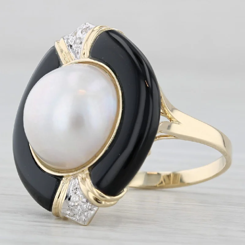 luxury diamond engagement rings for women-Mabe Pearl Diamond Onyx Ring 14k Yellow Gold Size 8 Cocktail