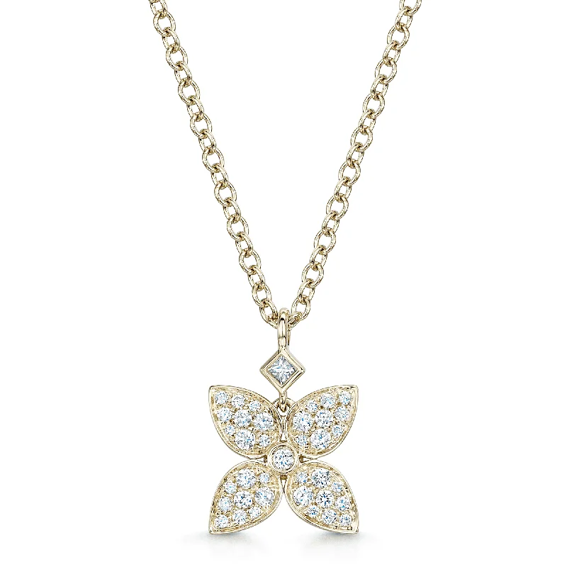 custom heart necklaces for women-18ct Yellow Gold Flower Pendant With Diamond Pave Set Petals