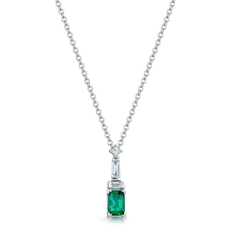 short necklaces for women-18ct White Gold Emerald, Baguette And Princess Cut Diamond Pendant