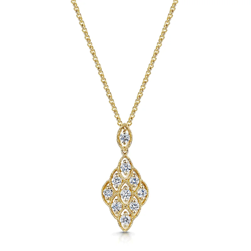 layered crystal necklaces for women-18ct Yellow Gold Round Brilliant Cut Diamond Set Vintage Style Pendant