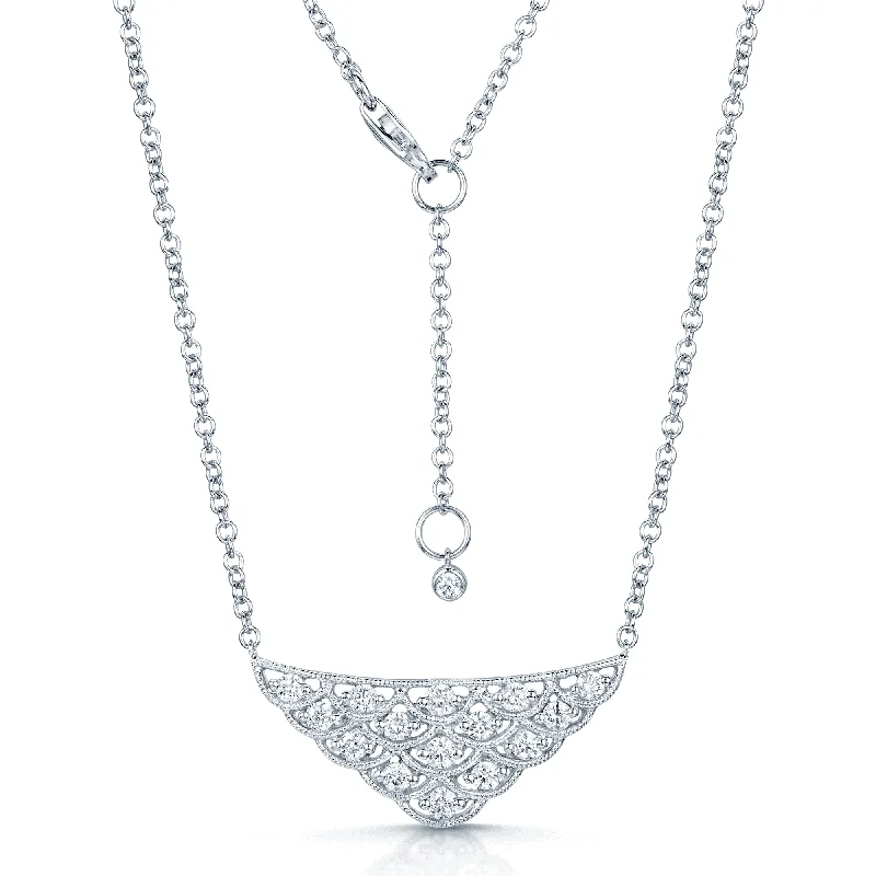 double chain necklaces for women-18ct White Gold Round Brilliant Cut Diamond Fan Shape Pendant With A Millgrain Surround