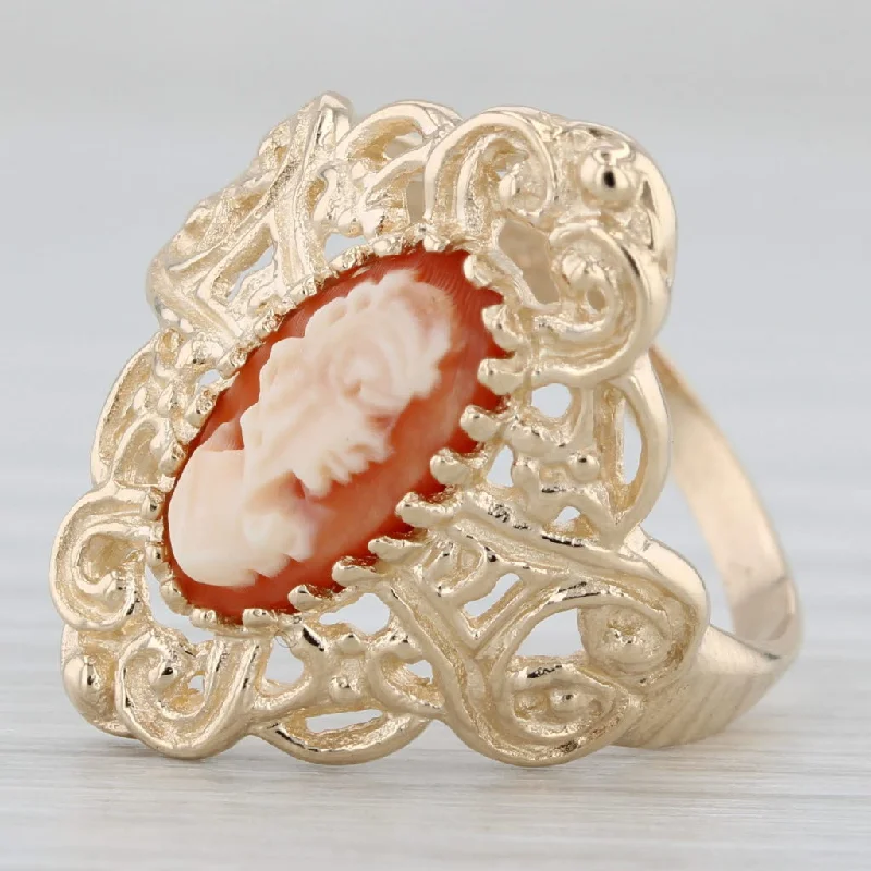 romantic engagement rings for women-Vintage Ornate Carved Shell Cameo Ring 10k Yellow Gold Size 6.5