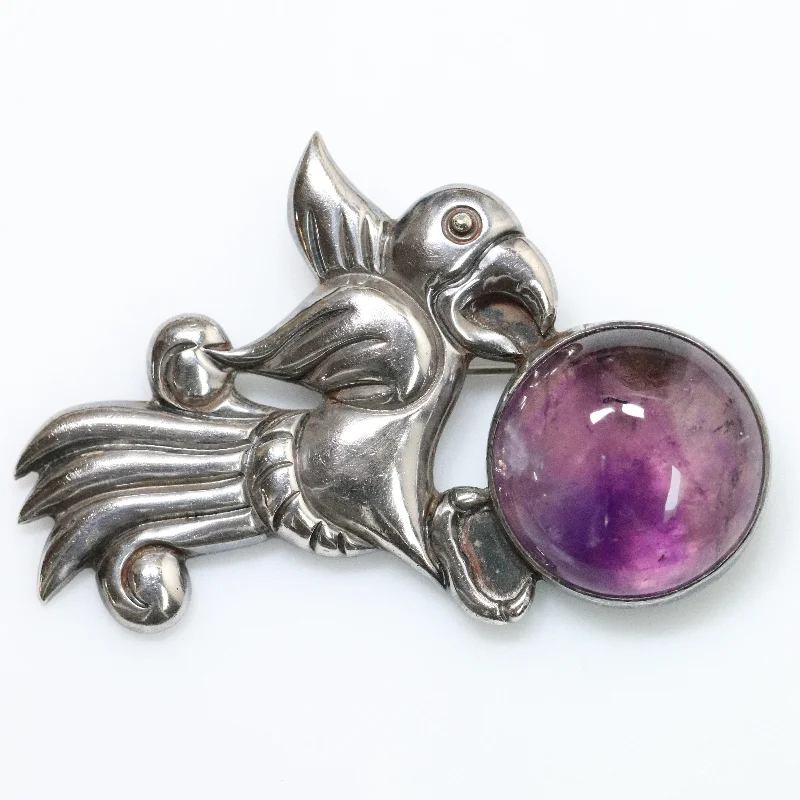 heart-shaped brooches for women-Vintage William Spratling Taxco Silver Mexican Jewelry | Amethyst Parrot Brooch