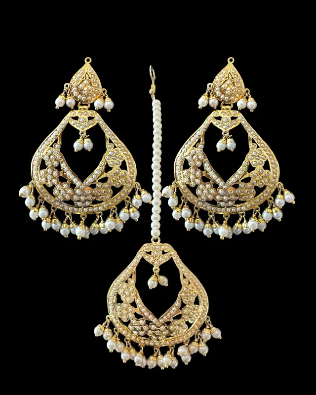 minimalist earrings for women-Jadau chandbali earrings tika in pearls ( READY TO SHIP )