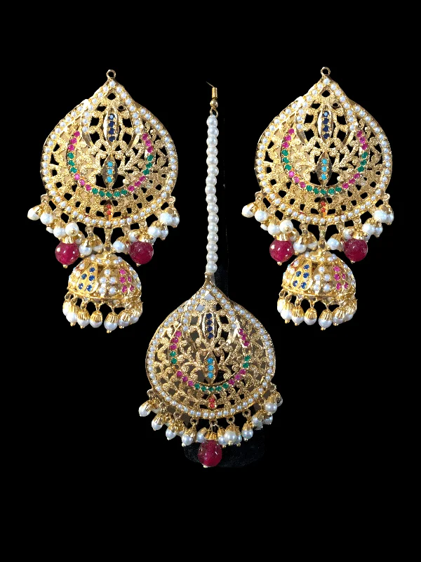 oval earrings for women-DJET2 navratan jhumka  earrings tika ( READY TO SHIP )