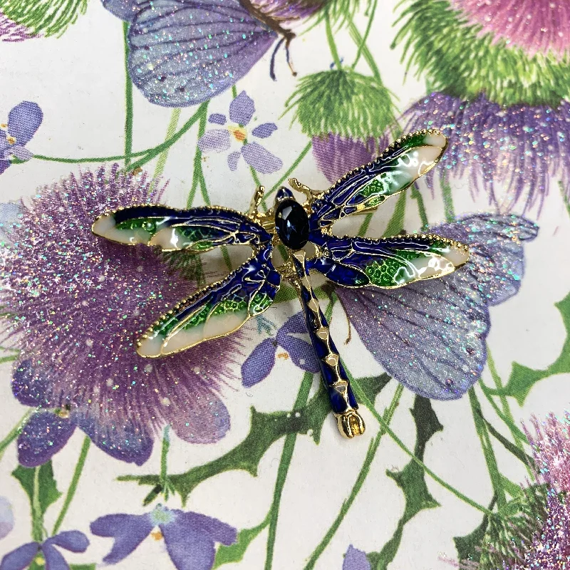 brooches with diamonds for women-Dragonfly brooch green blue enamel