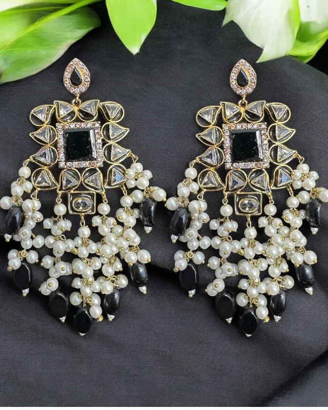 hoop earrings with stones for women-DER728  Nagma dangler earrings in kundan (black )( READY TO SHIP)