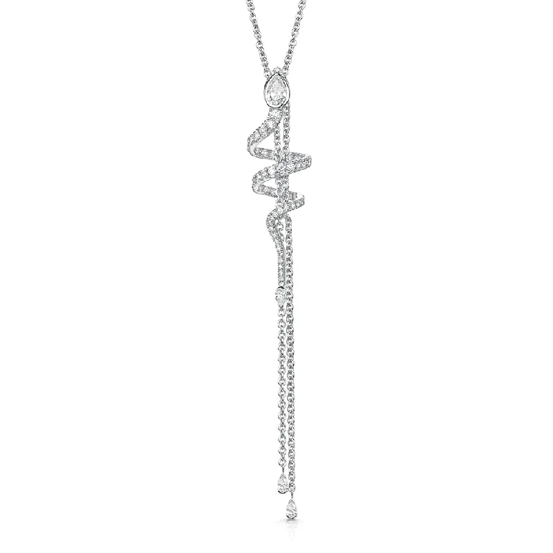 classic necklaces for women-18ct White Gold Serpente Pear And Round Brilliant Cut Diamond Spiral Pave Necklet With Diamond Tassels