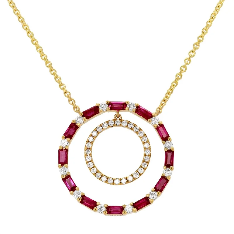 chunky necklaces for women-YELLOW GOLD CIRCLE PENDANT WITH RUBIES AND DIAMONDS, .34 CT TW