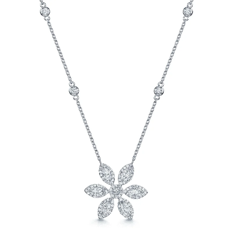 heart-shaped necklaces for women-18ct White Gold Marquise And Round Brilliant Cut Six Petal Flower Pendant