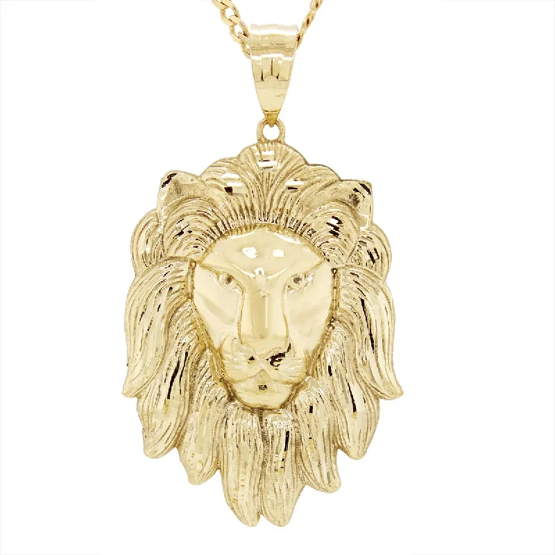 adjustable gold necklaces for women-LARGE YELLOW GOLD LION HEAD CHARM PENDANT