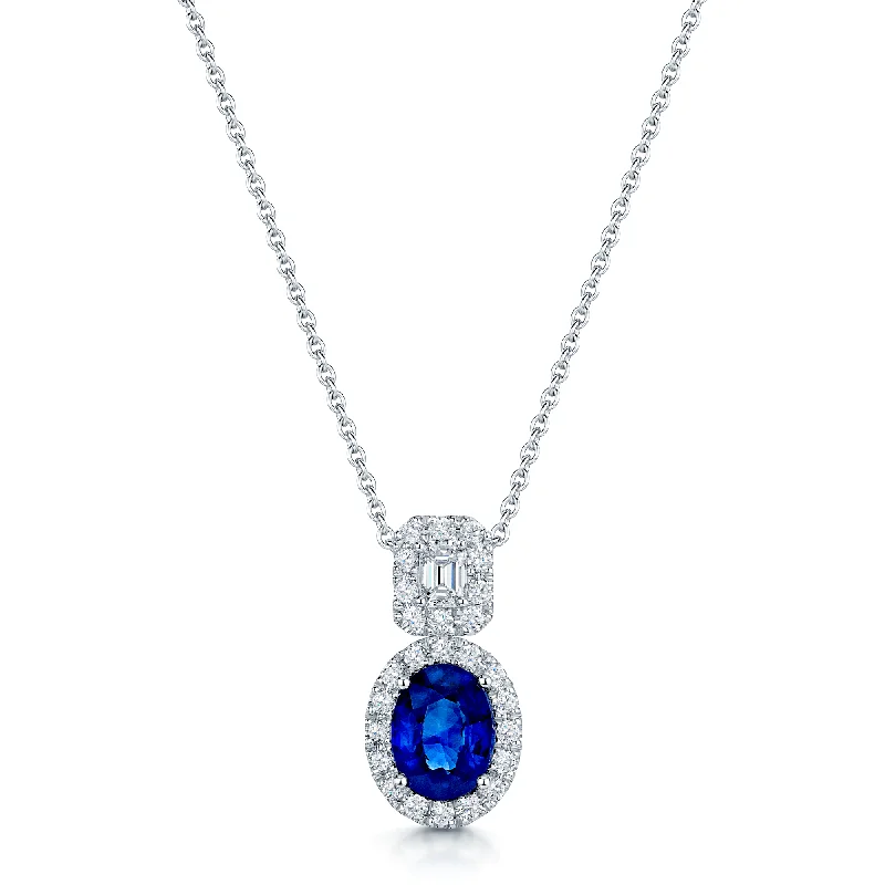 choker necklaces for women-18ct White Gold Oval Sapphire And Diamond Double Halo Pendant