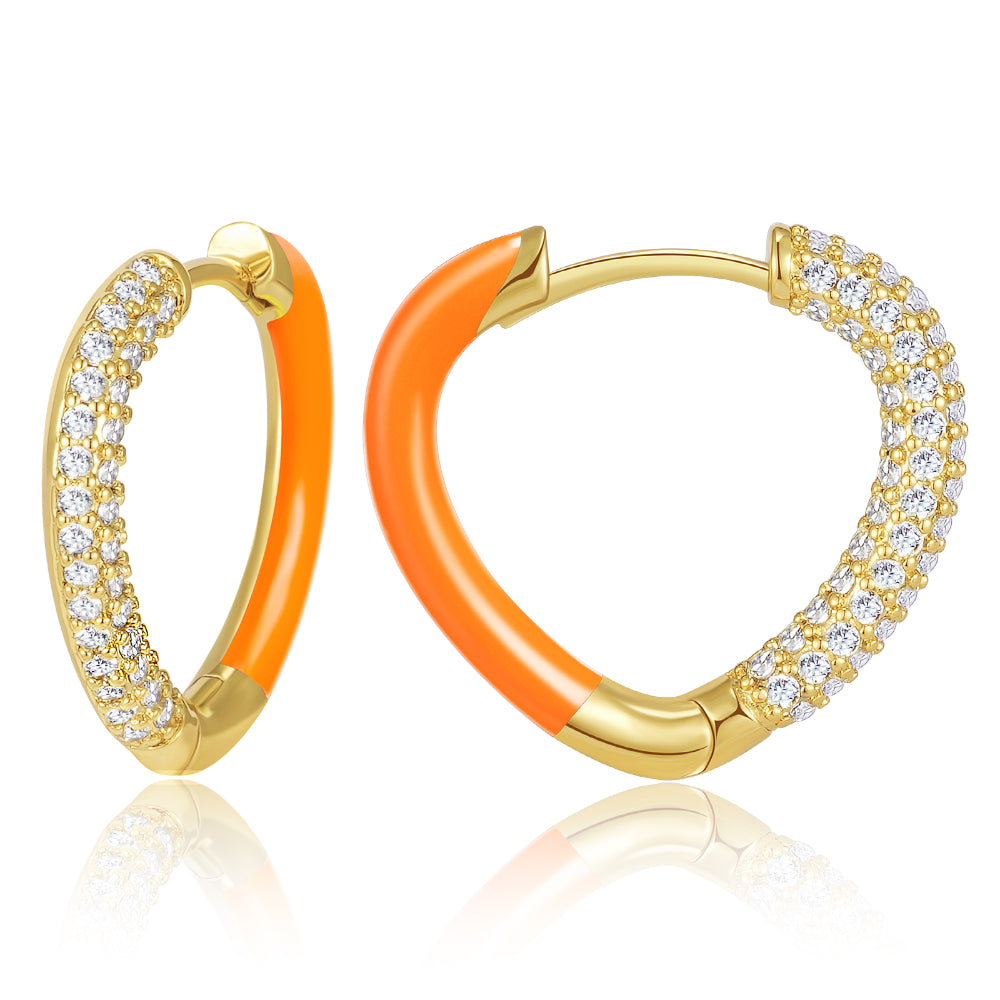 zirconia earrings for women-Orange Enamel Heart Huggie Hoop Earrings