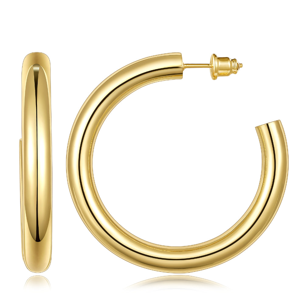 colorful earrings for women-Chunky Gold Tube Hoop Earrings 14K Plated