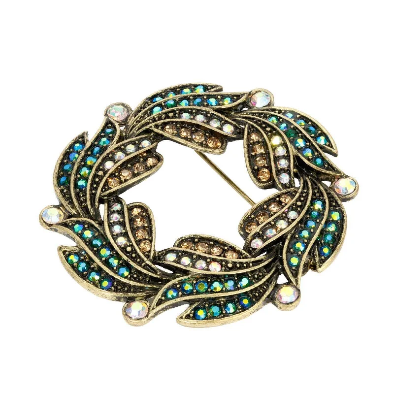 insect brooches for women-1928 Jewelry Peacock Plumage Blue Iridescent AB Glass Stone Wreath Brooch