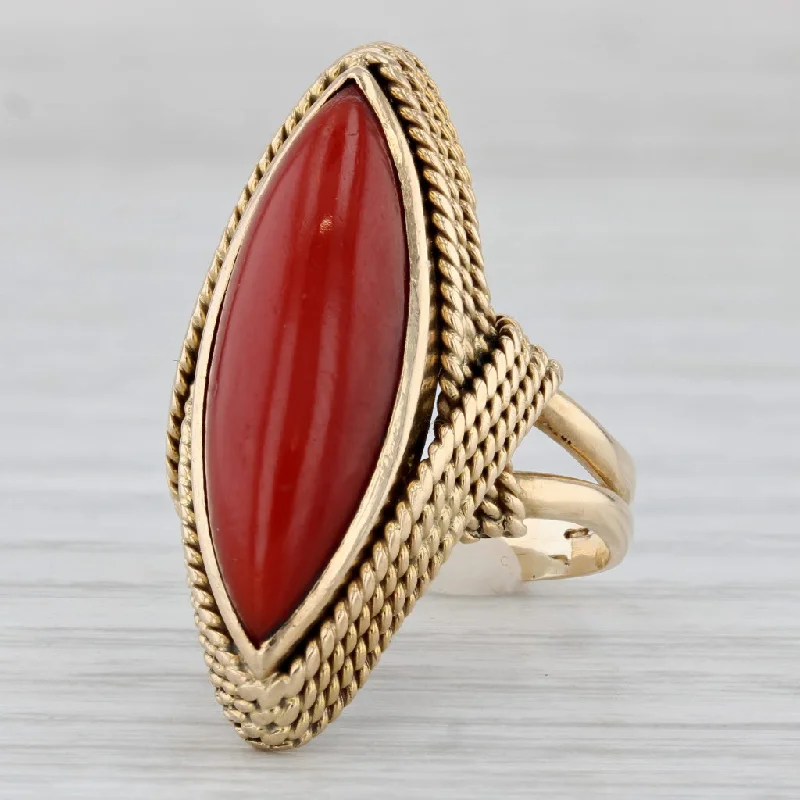 cushion-cut engagement rings for women-Vintage Red Coral Marquise Cabochon Ring 14k Yellow Gold Size 7