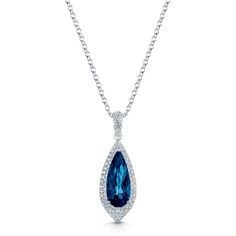 black diamond necklaces for women-18ct White Gold Pear Shaped London Blue Topaz Pendant With Pave Diamond Surround And Bale