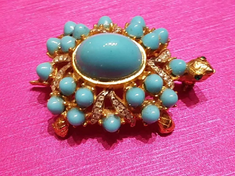 blue brooches for women-Vintage Kenneth Jay Lane Turtle Brooch Turquoise Gold Crystal