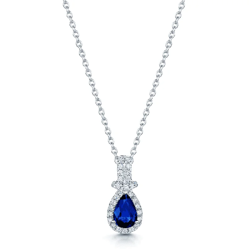 colorful gemstone necklaces for women-18ct White Gold Pear Shape Blue Sapphire & Round Brilliant Cut Diamond Halo Pendant