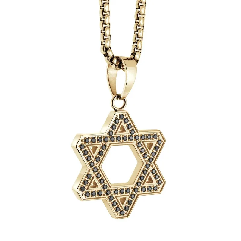 butterfly necklaces for women-STAINLESS STEEL STAR OF DAVID PENDANT WITH BLACK CUBIC ZIRCONIA