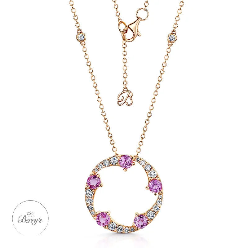 diamond necklaces for women-OPEIA Collection 18ct Rose Gold Pink Sapphire And Diamond Large Circle Pendant