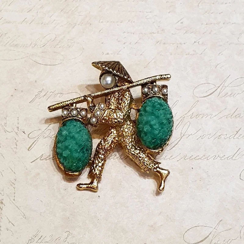 moon-shaped brooches for women-Exquisite brooch Gold Jade Green Pearl Vintage Asian Man Water Carrier