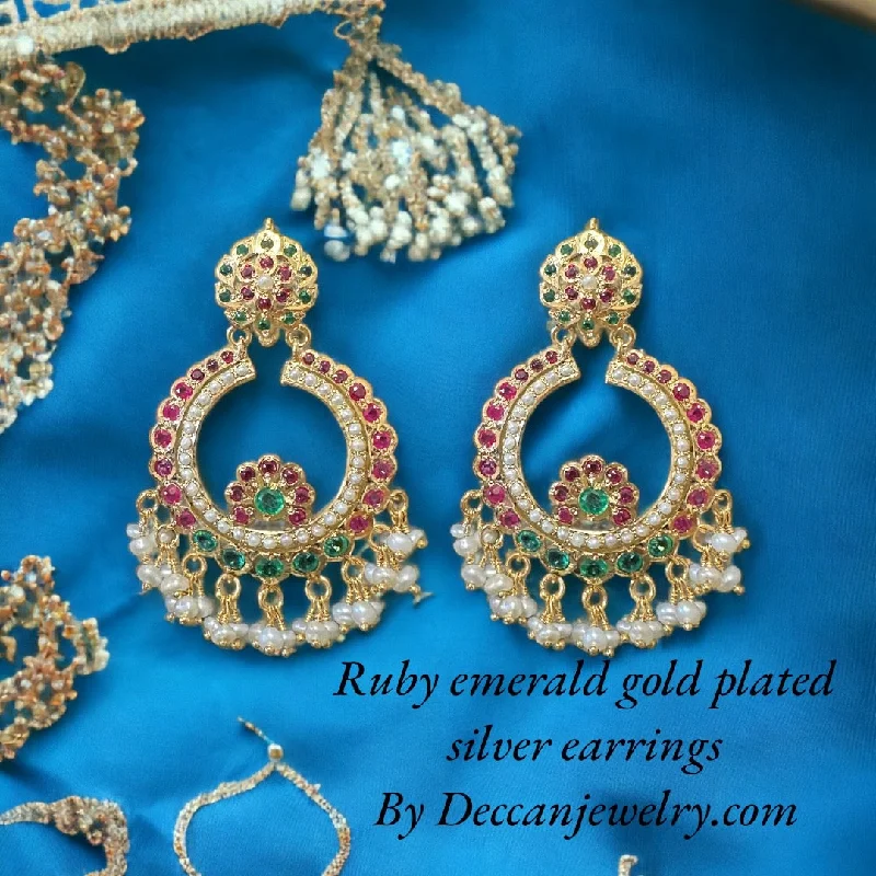 heart diamond earrings for women-Ruby emerald with fresh water pearl chandbali earrings in gold plated silver ( SHIPS IN 5 WEEKS )