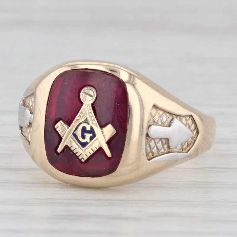 simple wedding engagement rings for women-Masonic Blue Lodge Signet Ring 10k Gold Square Compass Lab Created Ruby Size 10