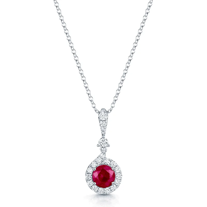 minimalist necklaces for women-18ct White Gold Round Brilliant Cut Ruby And Diamond Halo Pendant With A Diamond Bale