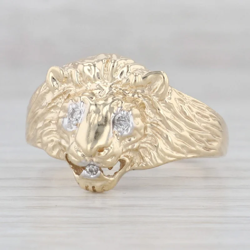 oval engagement rings for women-Diamond Lion Ring 10k Yellow Gold Size 13.25 Statement Animal Jewelry