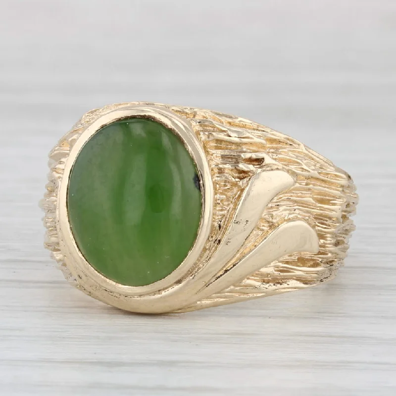 yellow gold engagement rings for women-Green Nephrite Jade 10k Yellow Gold Size 8.5 Woodgrain Band Oval Cabochon