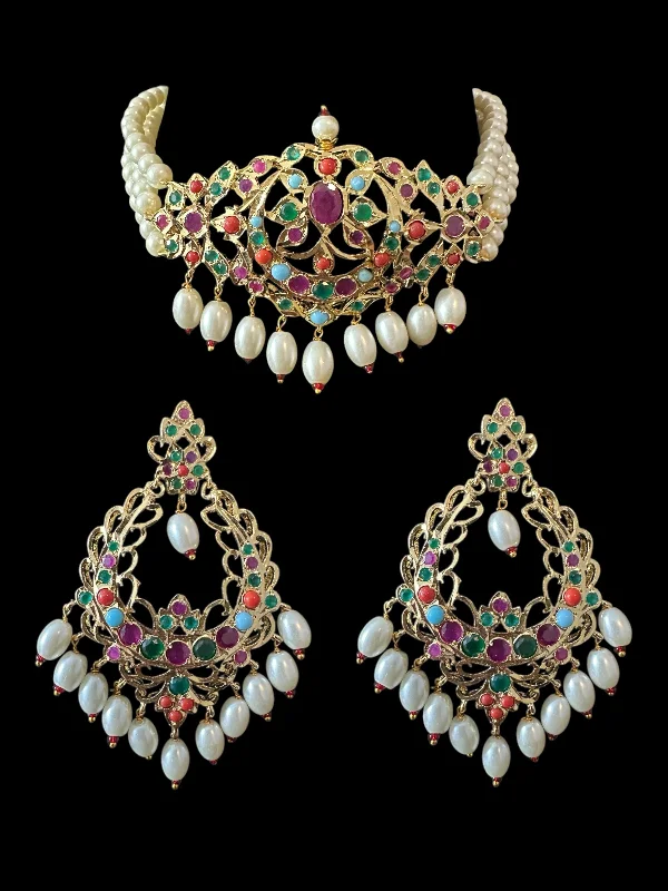 silver gemstone earrings for women-C533 Mushk choker with chandbali earrings in navratan ( READY TO SHIP )