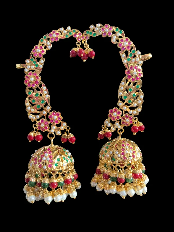 oval earrings for women-DER317 jadau kaanphool earrings in ruby emerald  / multicolor  ( READY TO SHIP )