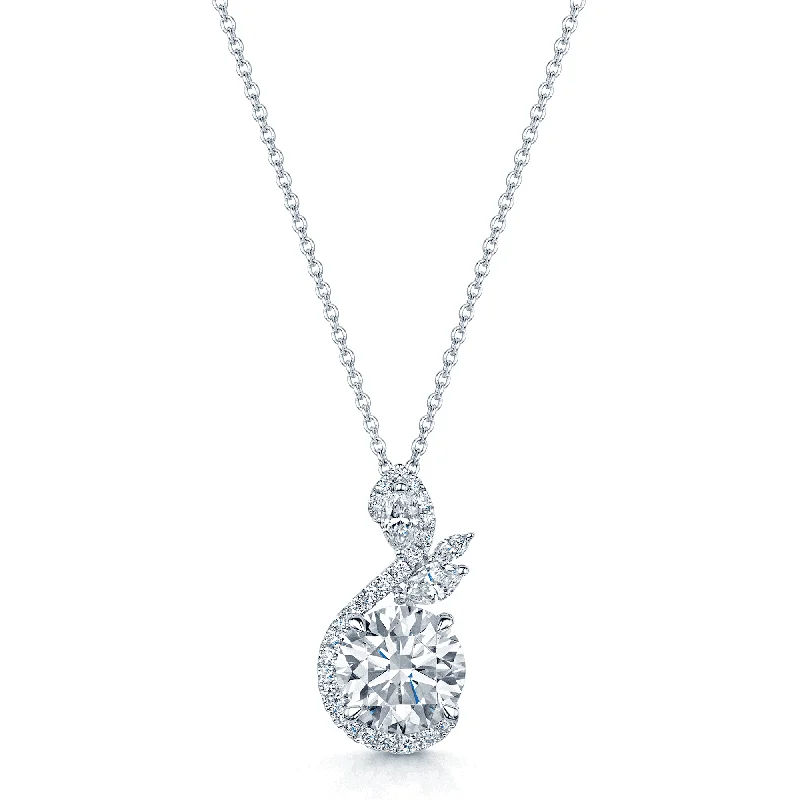 moon necklaces for women-18ct White Gold GIA Certificated Round Brilliant Cut And Marquise Diamond Fancy Swirl Pendant