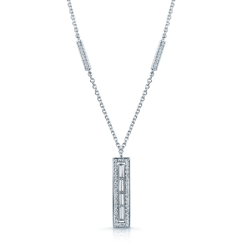 gold name necklaces for women-18ct White Gold Rectangular Diamond Set Pendant & Chain