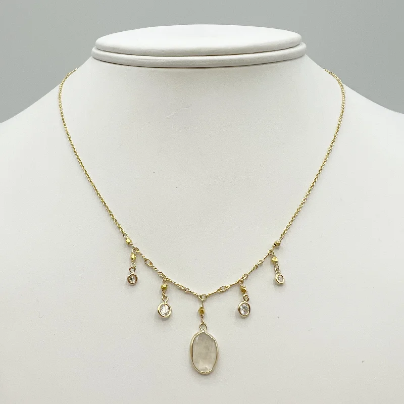 diamond necklaces for women-Moonstones and Diamonds Suspended on a Golden Chain