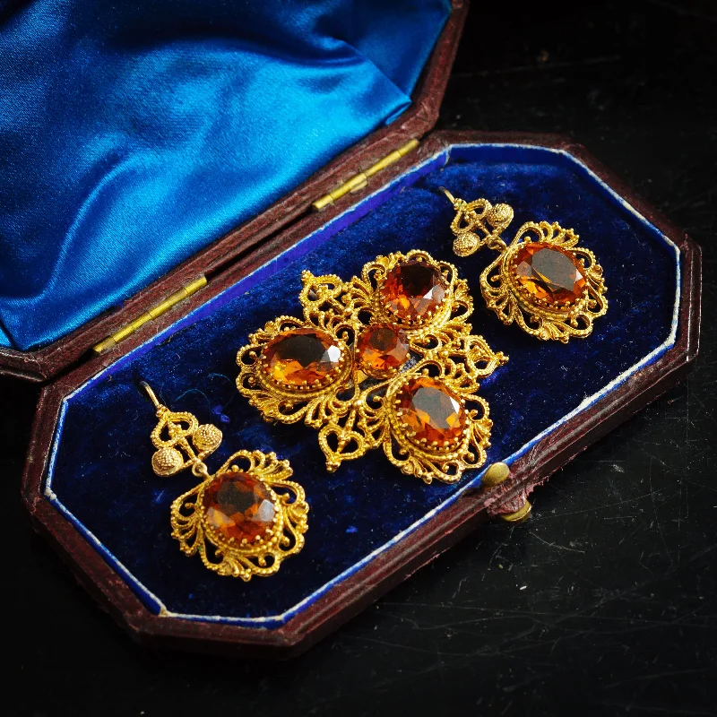 modern brooches for women-Beautiful Georgian Style Dark Cognac Citrine Earrings and Brooch/Pendant Set