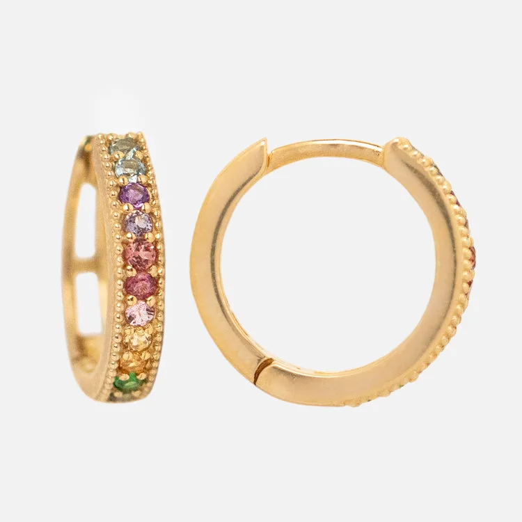 modern earrings for women-Solid Gold Live by the Sun Rainbow Huggie Hoops