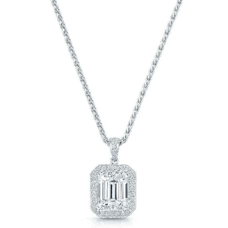 trendy necklaces for women-18ct White Gold GIA Certificated Emerald Cut Diamond Pendant With a Grain Set Diamond Halo Frame And A Diamond Bale