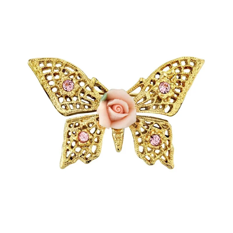 ornate brooches for women-1928 Jewelry Light Rose Pink Austrian Crystal And Pink Porcelain Rose Butterfly Brooch