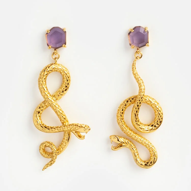 large hoop earrings for women-Awaken Amethyst Snake Earrings