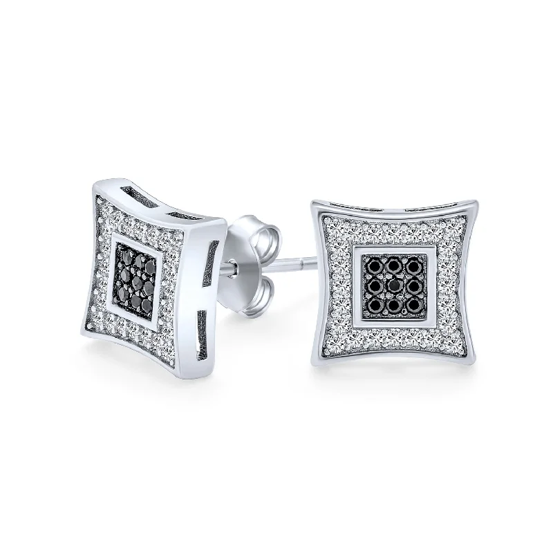 silver chandelier earrings for women-Mens 10MM Square Black & White CZ Stud Earrings in Sterling Silver